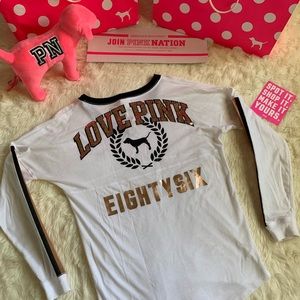 Pink Victoria’s Secret Campus Sequin Logo Crew